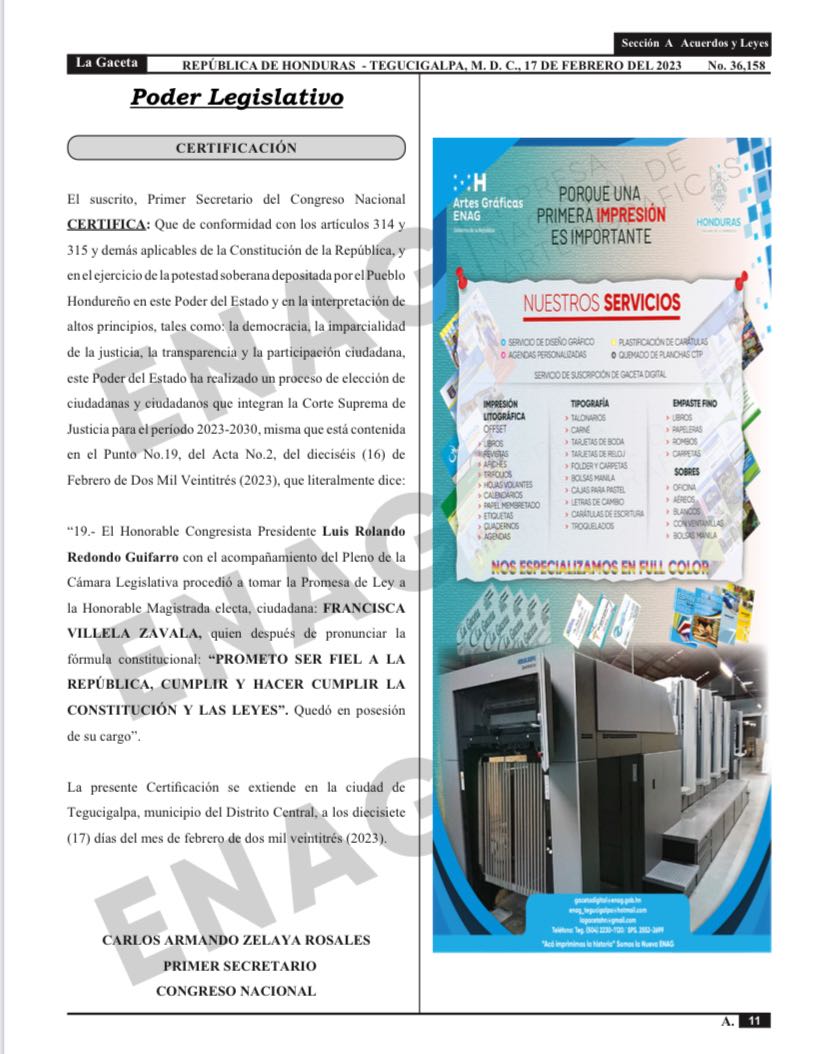 Publicado en el Diario Oficial La Gaceta el decreto que acredita a los magistrados de la Corte Suprema de Justicia para el período 2023 - 2030